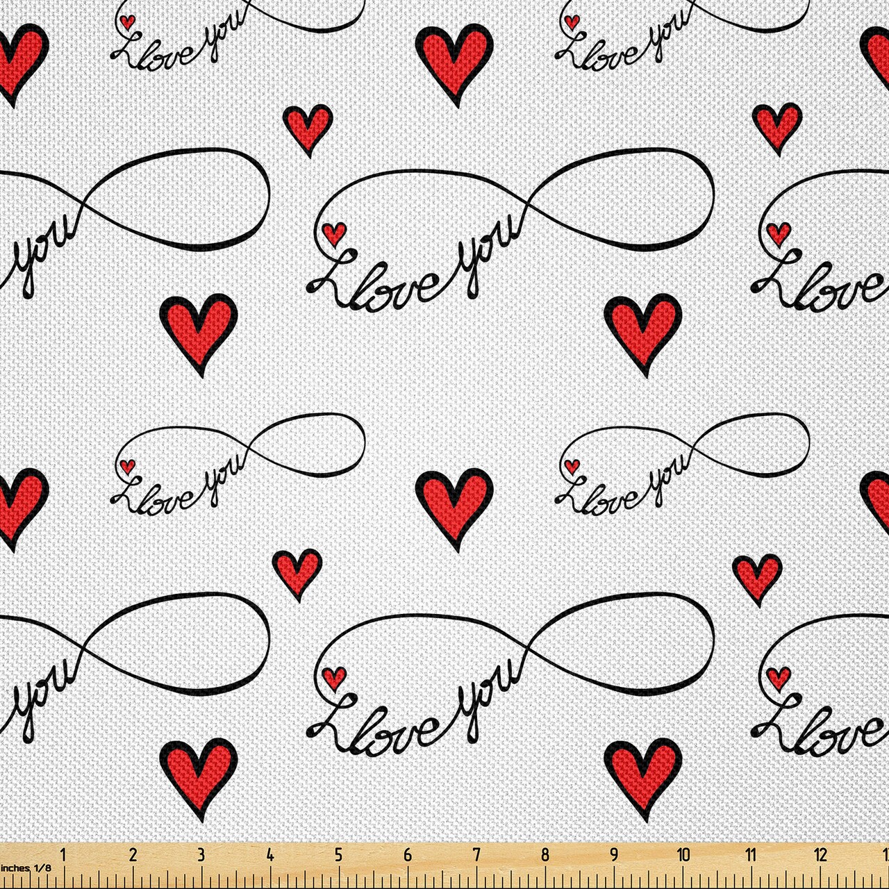 Ambesonne I Love You Fabric by The Yard, Hand Writing with Infinity Romantic Red Hearts Valentines Day Theme, Decorative Satin Fabric for Home Textiles and Crafts, 3 Yards, Red Black White